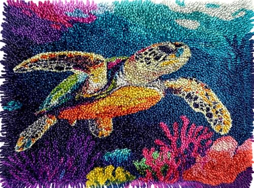 Sea Turtle and Fish Coral Latch Hook Rug Kits Colorful Printed Crochet Yarn DIY Hooking Latch Kit Carpet Rug Cover Mat for Christmas Chair Cushion Floor Decor 52x38cm(2)