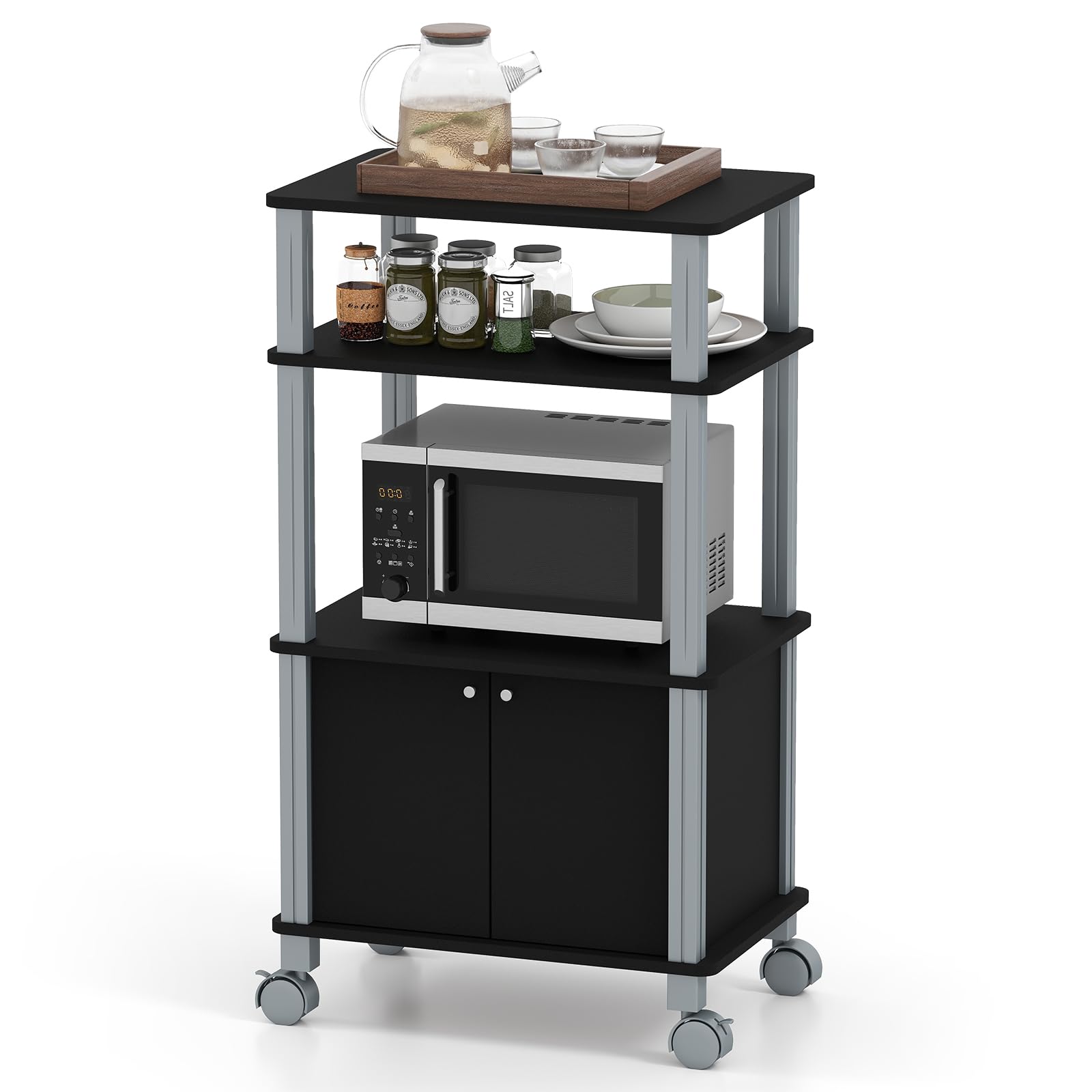 KOMFOTTEU Carrello da Cucina a 3 Livelli per Microonde, Carrello Portaoggetti con Ruote e Armadio con Porta, Carrello di Servizio in Legno, Organizer per Sala da Pranzo, 60 x 40 x 98 cm (Nero)