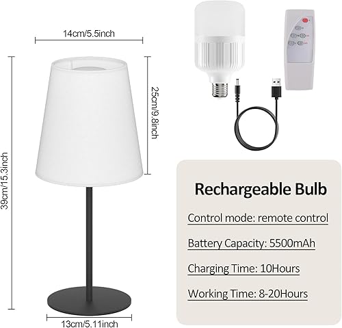 Miniatura 4 de HT403 - Lámparas de noche inalámbricas con bombilla recargable, lámpara de mesa inalámbrica con control remoto, pantalla de tela blanca regulable,