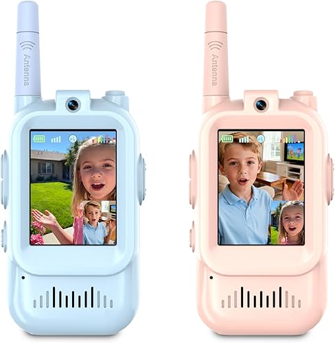ABUFEEFUT - Walkie Talkies de video para niños, paquete de 2 walkie talkies recargables para niños con pantalla y cambiador de voz, para interiores