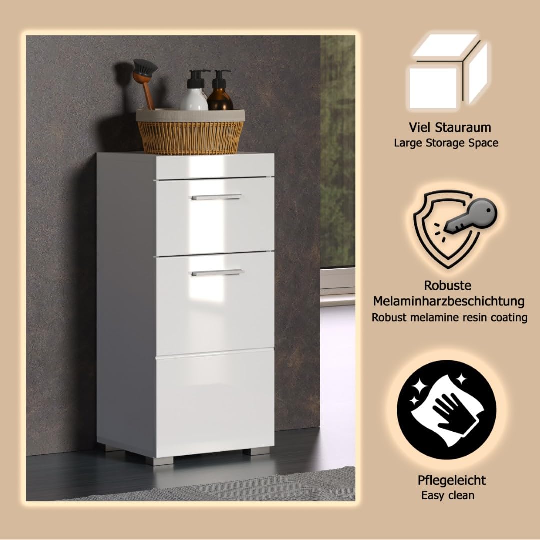 trendteam smart living - Amanda - Kommode - Weiß Hochglanz - Standschrank - (BxHxT) 37 x 79 x 31 cm - Badschrank mit 1 Tür und 1 Schublade - silberfarbene Griffe - universal einsetzbar - Kratzfest
