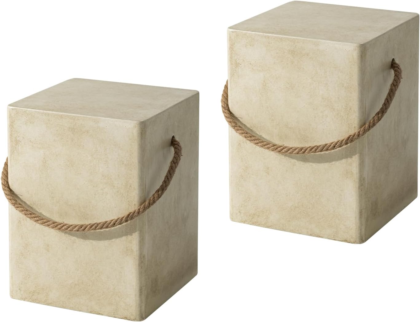 COSIESTSet of 2 Concrete Side Table, Rectangular Outdoor Side Table w Hemp Rope Handles,15''Patio Side Tables End Table, Outdoor Accent Side Table for Garden and Patio, Beige