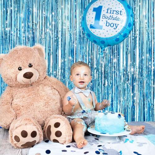 Image of GCB 2Pack Blue Metallic Tinsel Foil Fringe Curtains, Blue Door Streamers Photo Booth Backdrop for Birthday Party, Tinsel Curtain Backdrop for Baby Shower Bachelorette Xmas Party Decorations