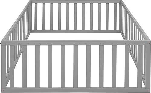 Miniatura 24 de Harper & Bright Designs Cama de suelo tamaño Queen con barandillas de seguridad y puerta, marco de madera para niñas/niños, cama Montessori para