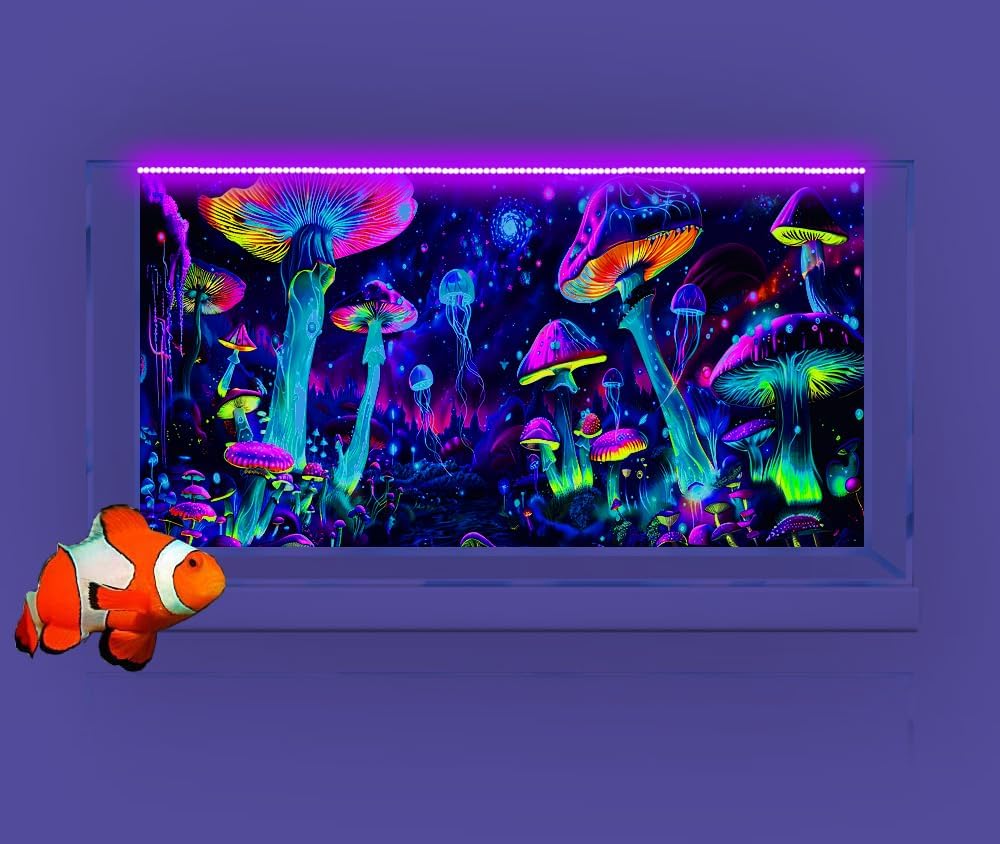 48X18IN Blacklight Aquarium Background UV Reactive Mushroom Background Starry Sky Terrarium Background with 10 EVA Double-Sided Tape