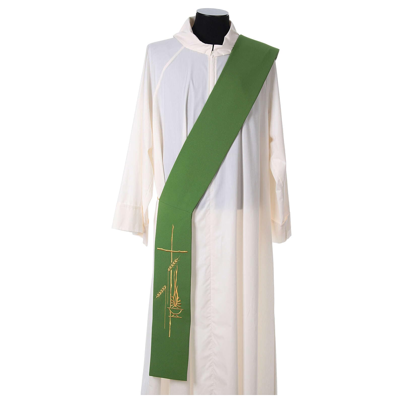 Stola Diaconale In Poliestere Con Ricamo Lampada E Croce - Avorio, Per Liturgia, Realizzata In Italia