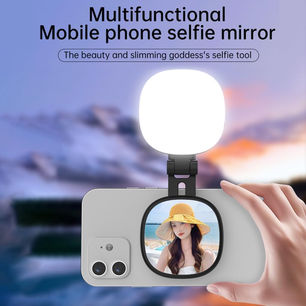 Magnetic Selfie Light with Mirror for iPhone, CRI95+ 700lux LED Phone Light with 3 Modes, Foldable Camera Light for iPhone 16/15/14/13/12, USB-C Charging, 1-Hour Runtime, Memory Function, Makeup/Video