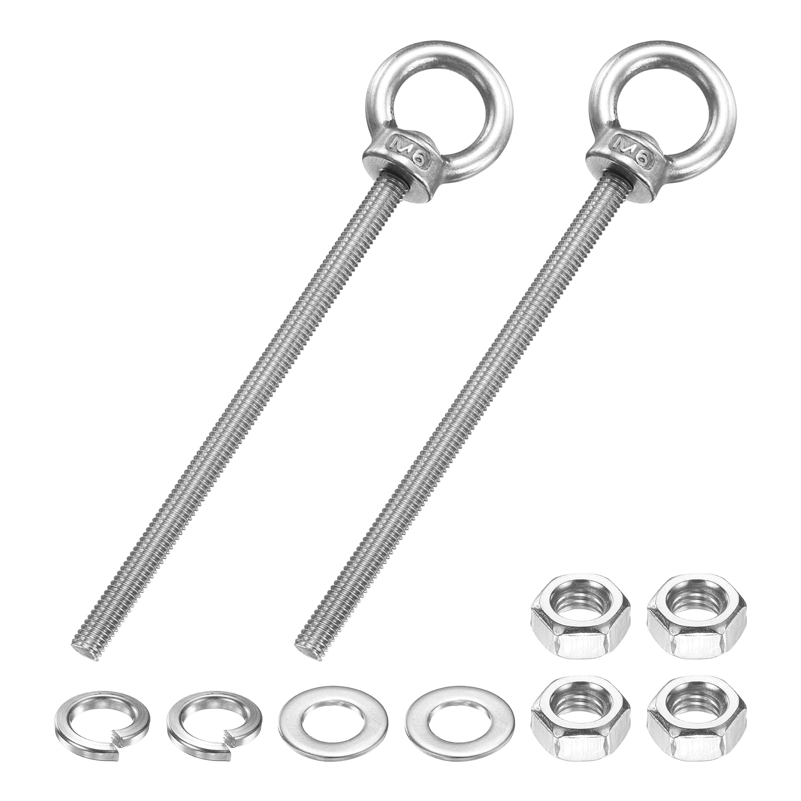 PATIKIL M6 x 100mm Eye Bolt, 2 Pcs 304 Stainless Steel Thread Lifting Ring Set Shoulder Eyebolt with Lock Nuts Flat Washers for Hanging Hammocks Articles, Silver