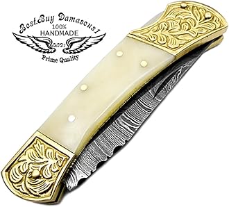 Best.Buy.Damascus1 Damascus pocket knife, Folding knife, Pocket Knife For Men, Knife Set with knife sharpeners Premium Quality gifts for men (Camel Scrimshaw)