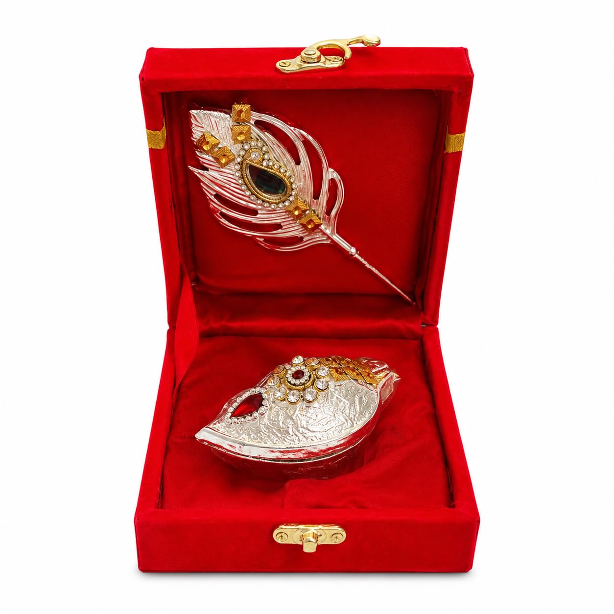Silver Plated Leaf Design Kumkum Box Dabbi with Feather & Red Velvet Box | Roli Chawal Haldi Chandan Holder, Antique Sindoor Box for Mandir, Pooja Thali Accessories, Wedding, Returns Gifts-image-21