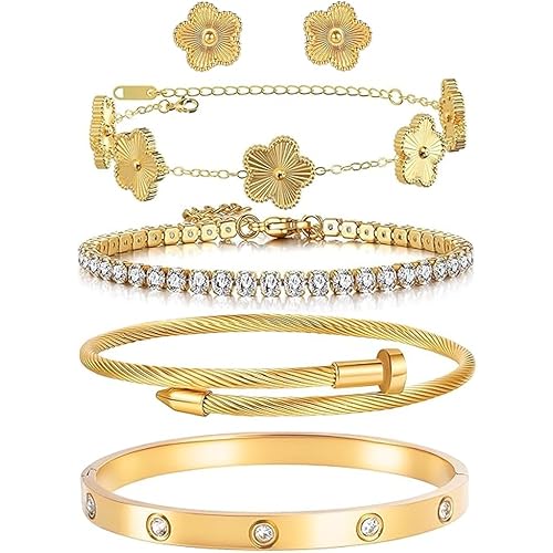 Freinit Bracelets and Earrings Set for Women 5Pcs 18K Gold Plated Nail love Bangle Bracelet Set Adjustable Bracelet Stackable Flower Tennis Bracelet Gifts for Christmas Valentines Women's Day and Mother's Day