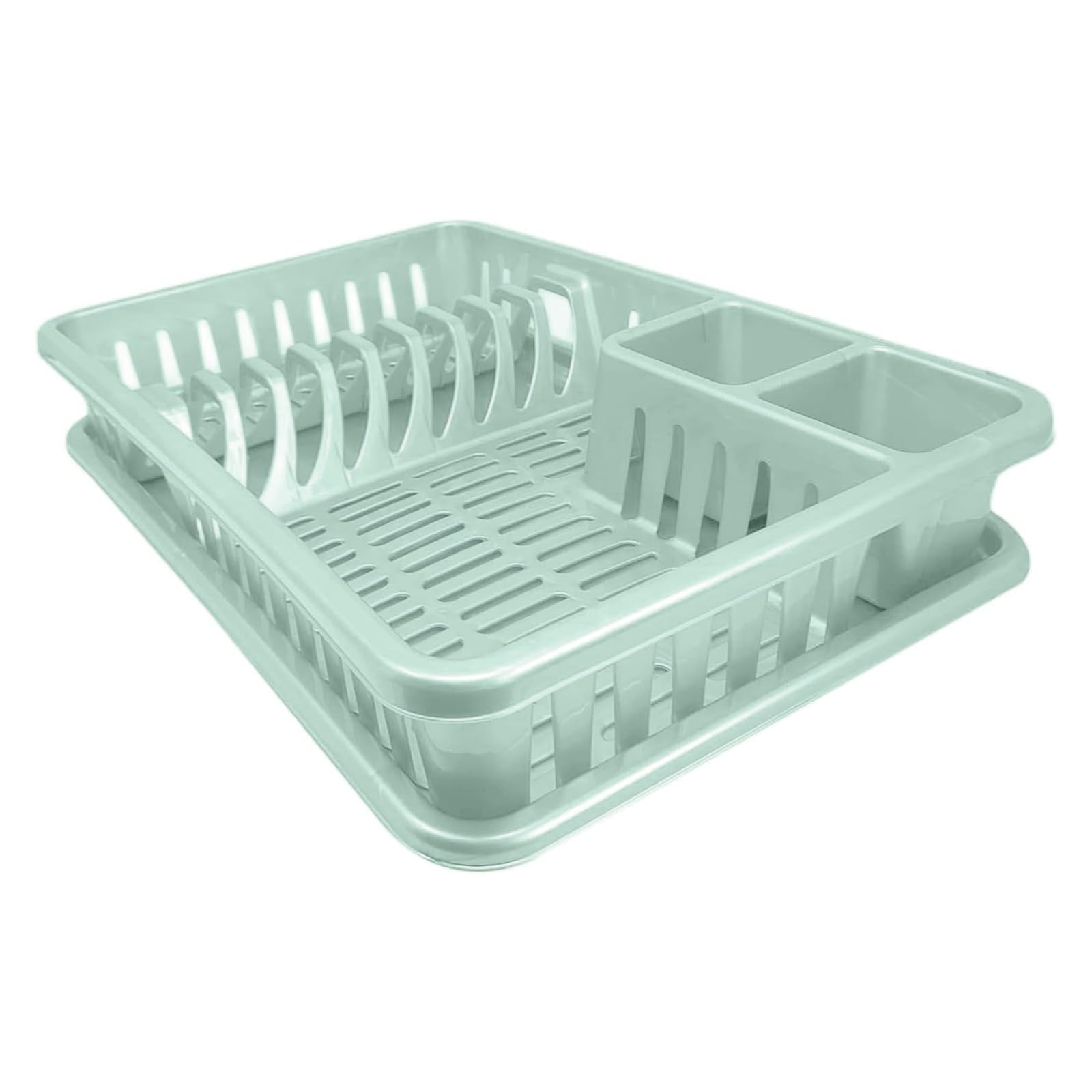 plastific Plastic Dish Drainer Rack with Drip Tray & Cutlery Holder, Kitchen Sink Plate Drying Rack for Cups & Utensils, Countertop Dish Rack (45 x 29.7 x 8 cm, Mint Green)