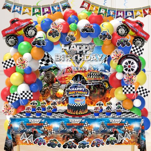 Monster Truck Birthday Decorations Machines Jam Party Decoration Supplies include Truck Balloons Arch Tablecloth Backdrop Cake Cupcake Toppers Hanging Swirls Flags Truck Birthday Decor for Boys