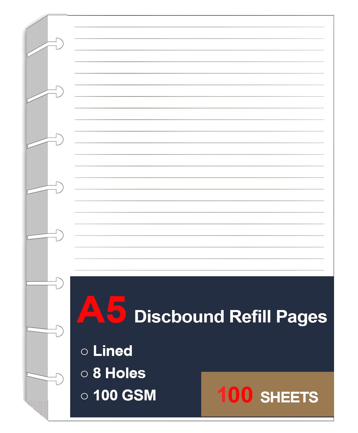 A5 TUL Discbound Lined Refill Paper, 8 Disc Hole Punched Ruled Filler Paper, Junior Size Refills Paper, 100Sheets / 200Pages, Loose-Leaf Paper, 100gsm Paper, 5.8 X 8.3 Inch