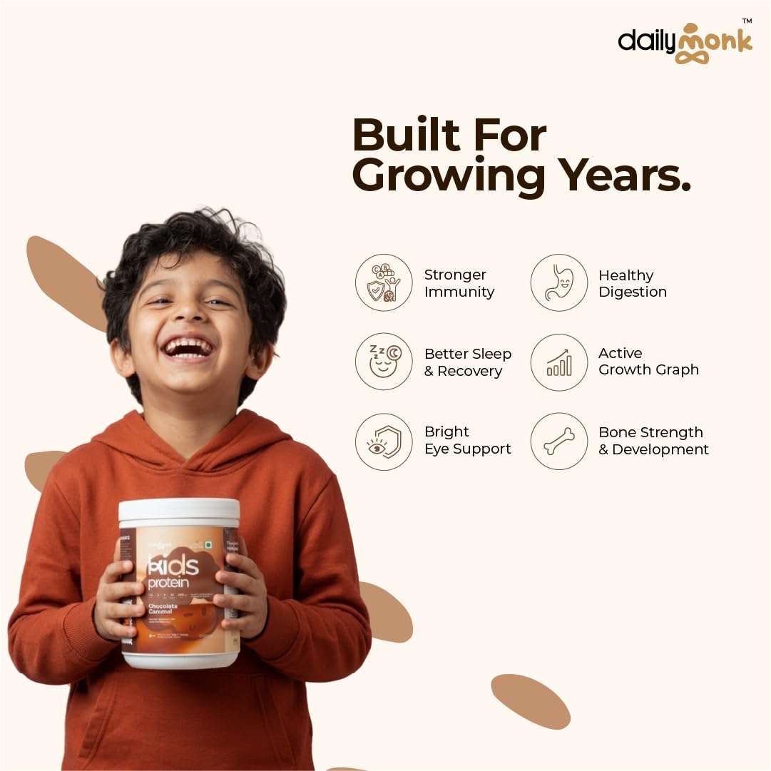 DailyMonk Kids Nutritional Powder Chocolate Caramel (7+ Years) | 11.5g Protein | 22 Vitamins & Minerals | 200mg DHA | Probiotics | Plant-Based | Prebiotic Fiber | Sweetened with Stevia & Monk Fruit | Gut-Friendly | 400g — Amazon image 2