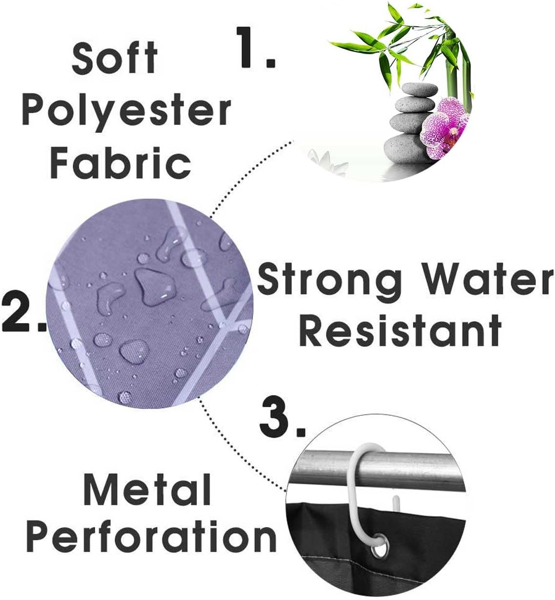 4PCS Zen Spa Shower Curtain Sets with Rugs, Waterproof White Fabric Shower Curtain, White Lotus Flower Purple Orchid Stone Green Bamboo Lake Garden Spiritual Meditation Relaxing Bathroom Decor