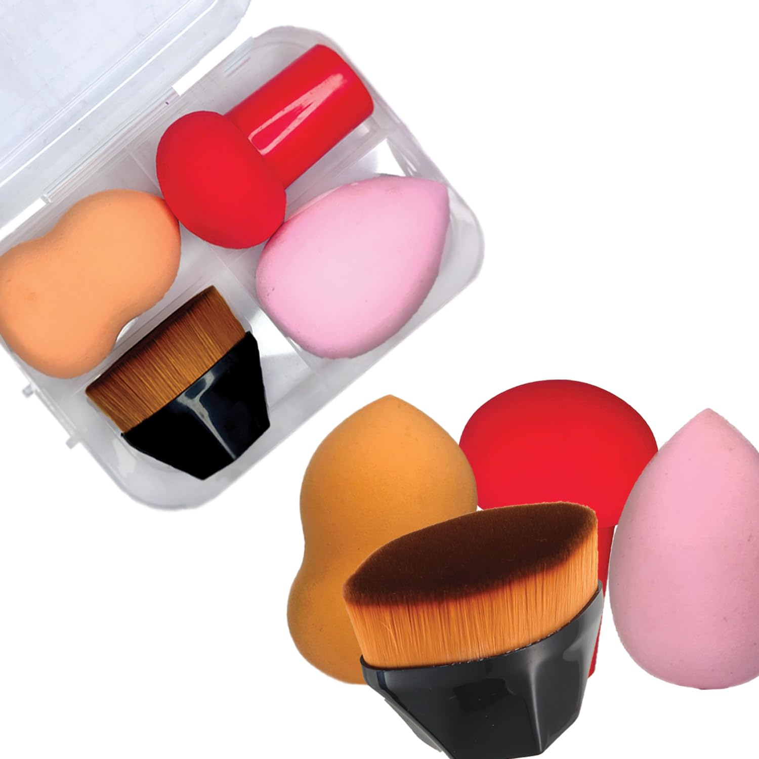 TEMPERIA (4 pcs) Beauty Blender Set & Foundation Brush with Plastic Box - Soft Powder Puff Face Makeup Sponge for Liquid Foundation, Creams, Powders, Wet and Dry Makeup (Random Colors)