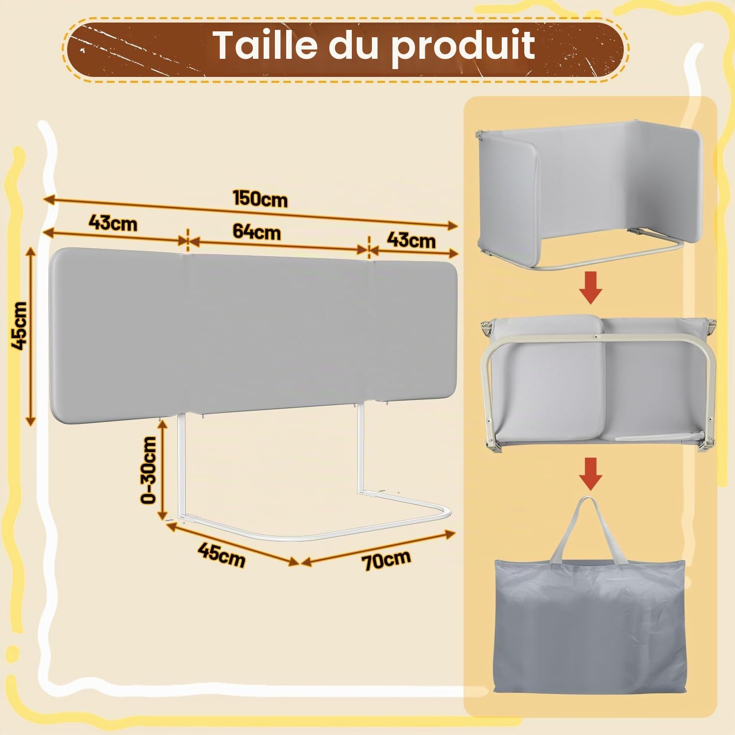Eulenke - Barrière de lit - Réglable en hauteur - 150 cm - Protection anti-chute - Pliable - Barrière de protection de lit pour enfant - Portable - Installation simple - Gris