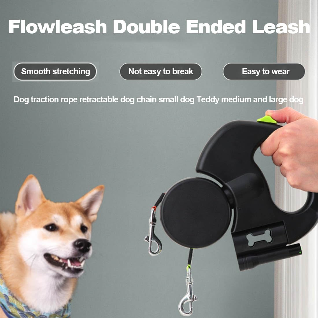 Flowleash – Flowleash Doppelleine, Doppel-Rollleine für Hunde, mit robustem 3 m langem Einzugsgurt, 360°-Drehgelenk und rutschfestem, leichtem Griff (Black)