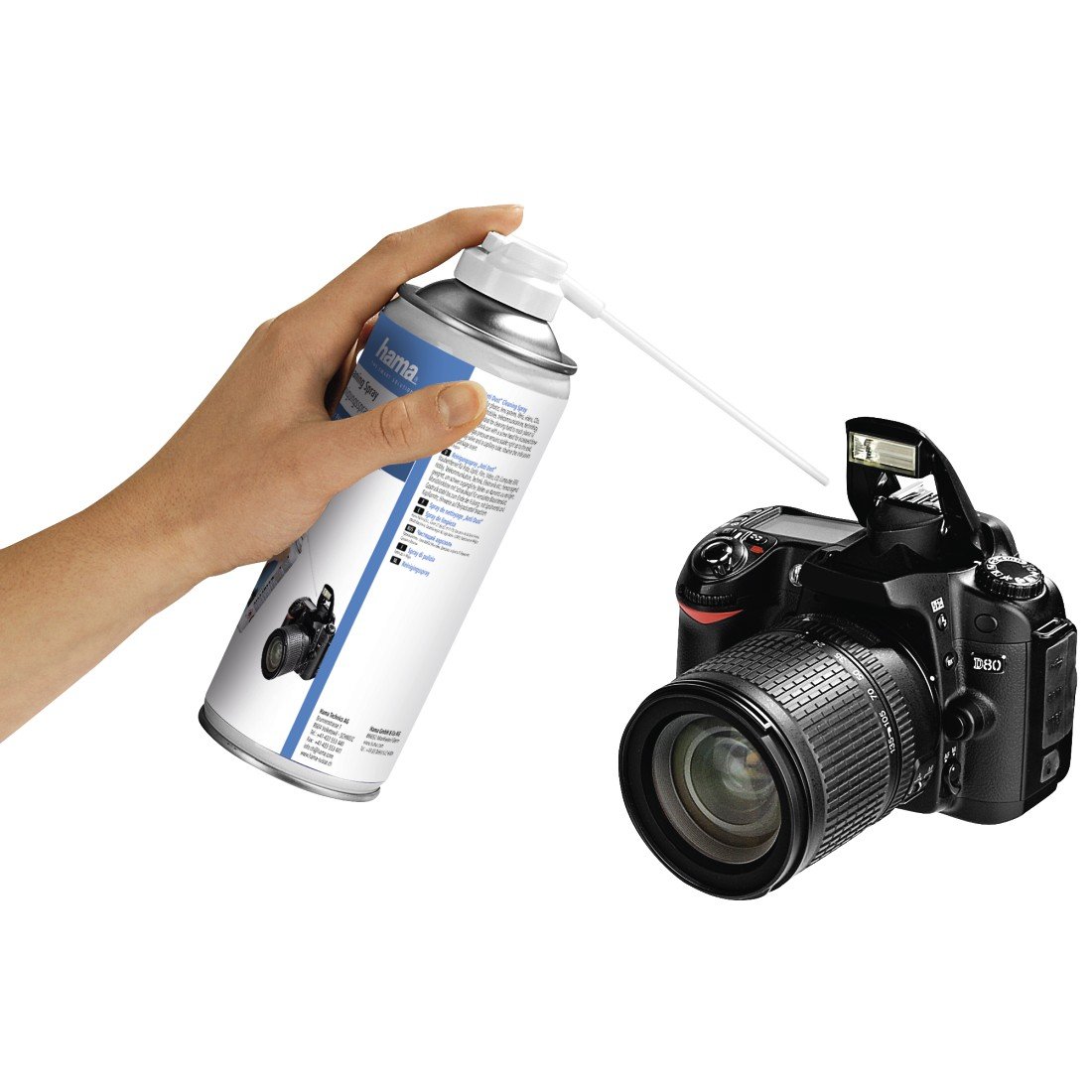 Hama Spray de nettoyage "AntiDust" (volume de 400 ml, gaz stable, ettoyant, pour appareils photo/ordinateurs/claviers, vanne de pulvérisation, tube capillaire) Blanc/Bleu