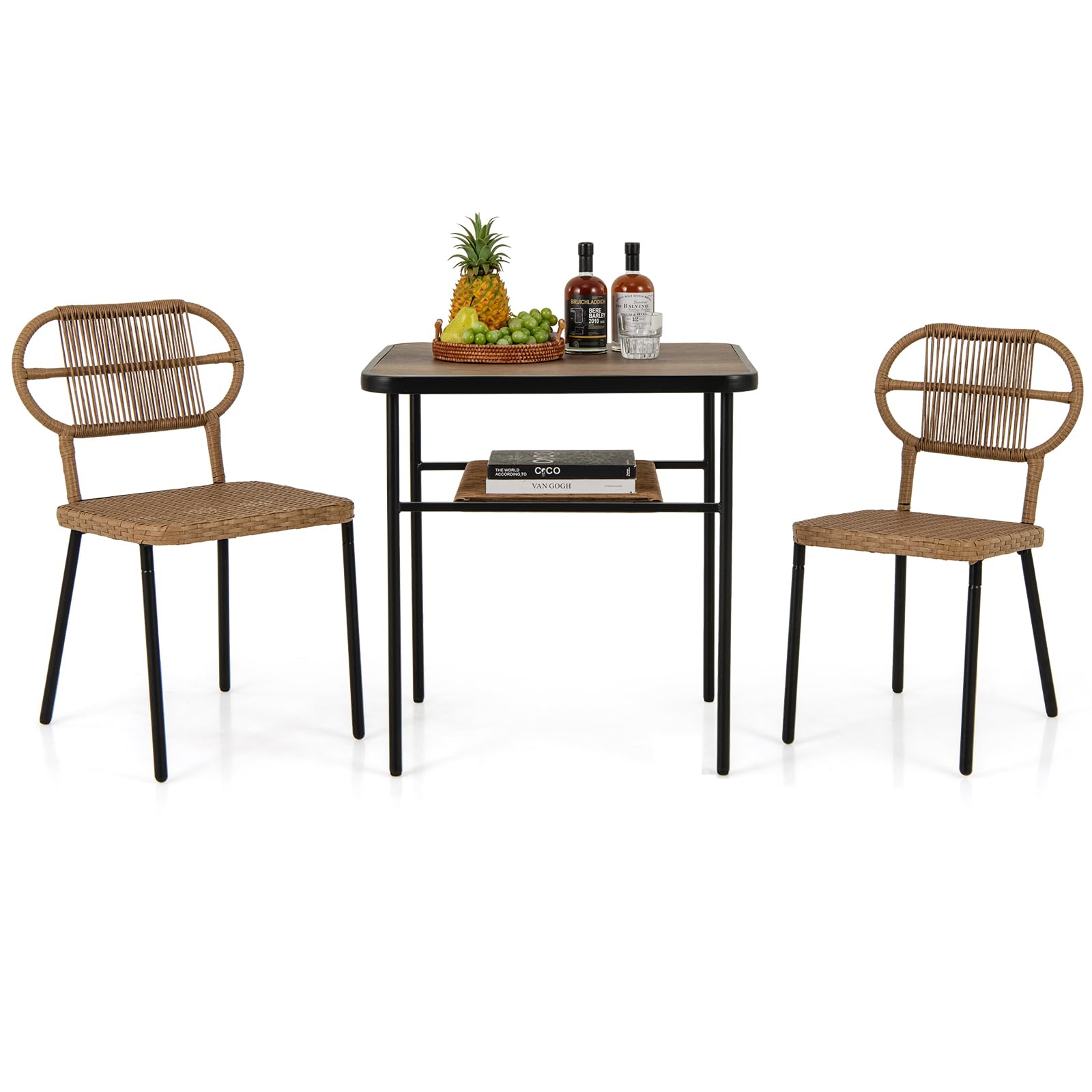 COSTWAY 3 Piece Patio Bistro Set, Outdoor Dining Table with 2 Varied-Size Stackable Rattan Chairs & Shelf, Metal Frame Garden Conversation Furniture Set for Indoor Balcony Poolside — image 1