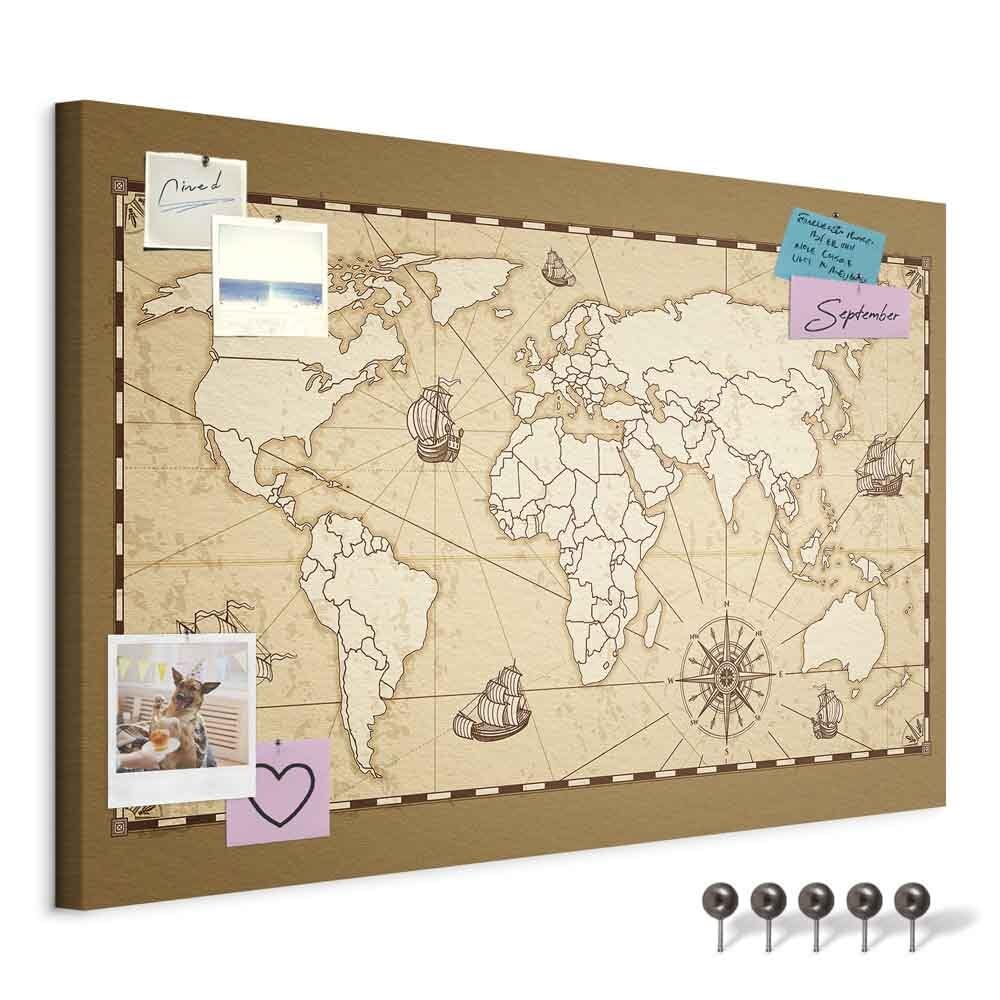 decomonkey Canvas World Map Pin Board with 50 pins - 35.4" x 23.6" / 90x60 cm Sepia Colours Fibreboard Push pin Travel map Wall Art - Traveler's Bedroom Office Living Room