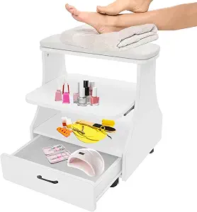 Portable Pedicure Foot Rest with Wheels, Pedicure Stool, Trolley for Foot Bath, Spa Cart, Nail Stand, Manicure Furniture for Beauty Salon or Nail Tech Spa, Massage Station (White)