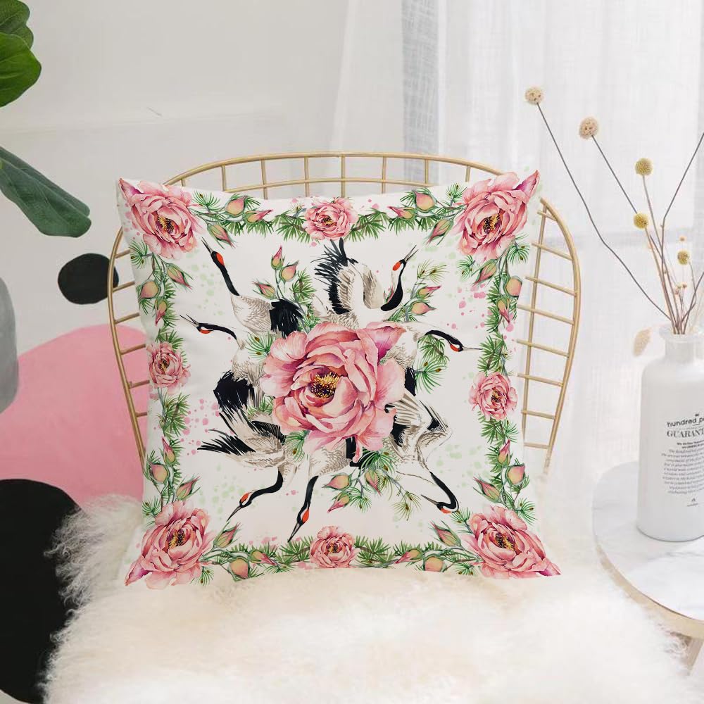 HYOSXW Cushion Cover,Throw Pillow Case Home Decorative for Living Room Bedroom Sofa Chair 16X16 Inch,floral shawl textile design. Silk scarf with roses flower and japanese crane bi,Pillowcase 40X40cm