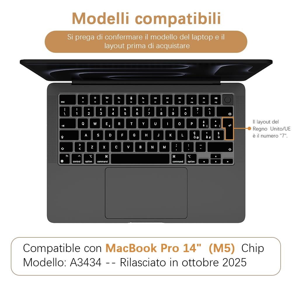 Protezione tastiera per MacBook Pro 14" (M5) 2025 con chip A3434 - Protezione tastiera - Accessorio (silicone nero italiano)