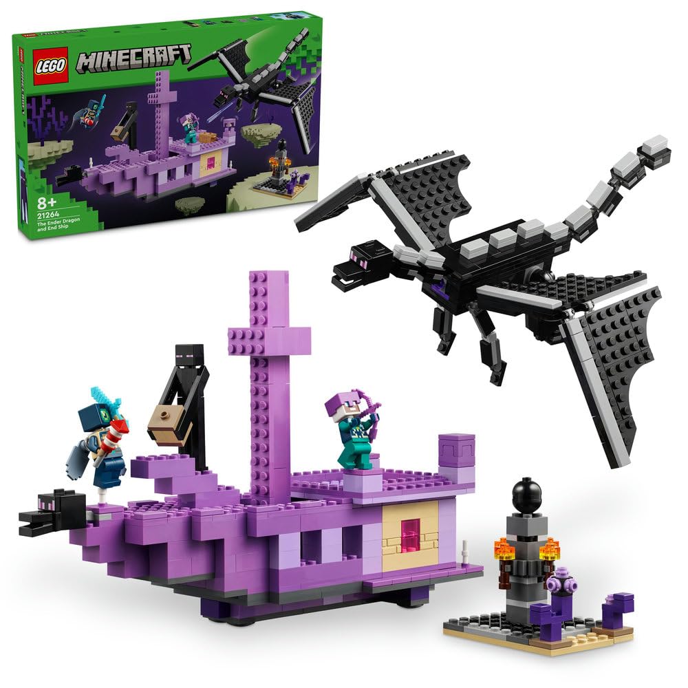 LEGO Minecraft Smok Kresu i statek Kresu, Kreatywna Zabawka dla 8-latka do Zbudowania, Zestaw dla Chłopca i dla Dziewczynki z Figurką Endermana, Prezent dla Dziecka i dla Graczy, 21264
