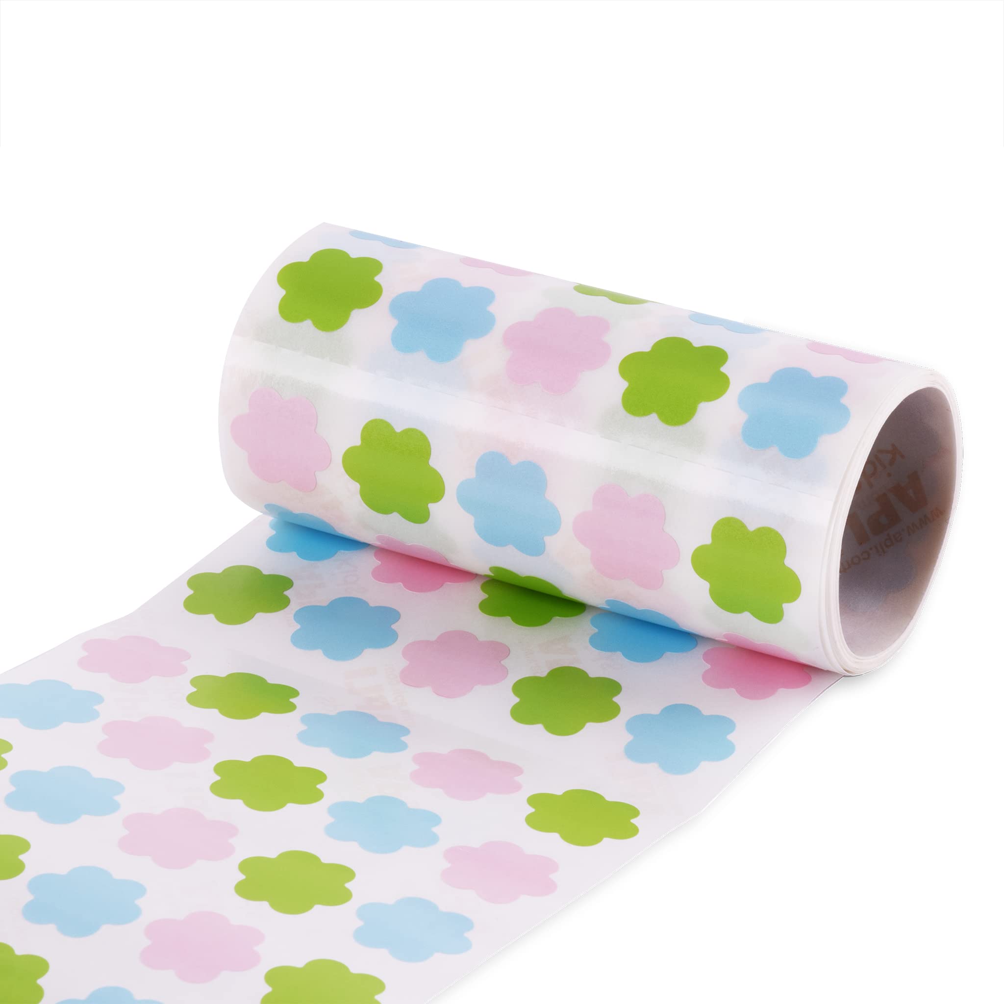 APLI Kids 18804 - Confezione da 8260 gommini in 4 rotoli (blu, rosso, giallo e verde) con forme geometriche assortite (cerchi, quadrati, rettangoli e triangoli) da 20 mm, adesivo permanente
