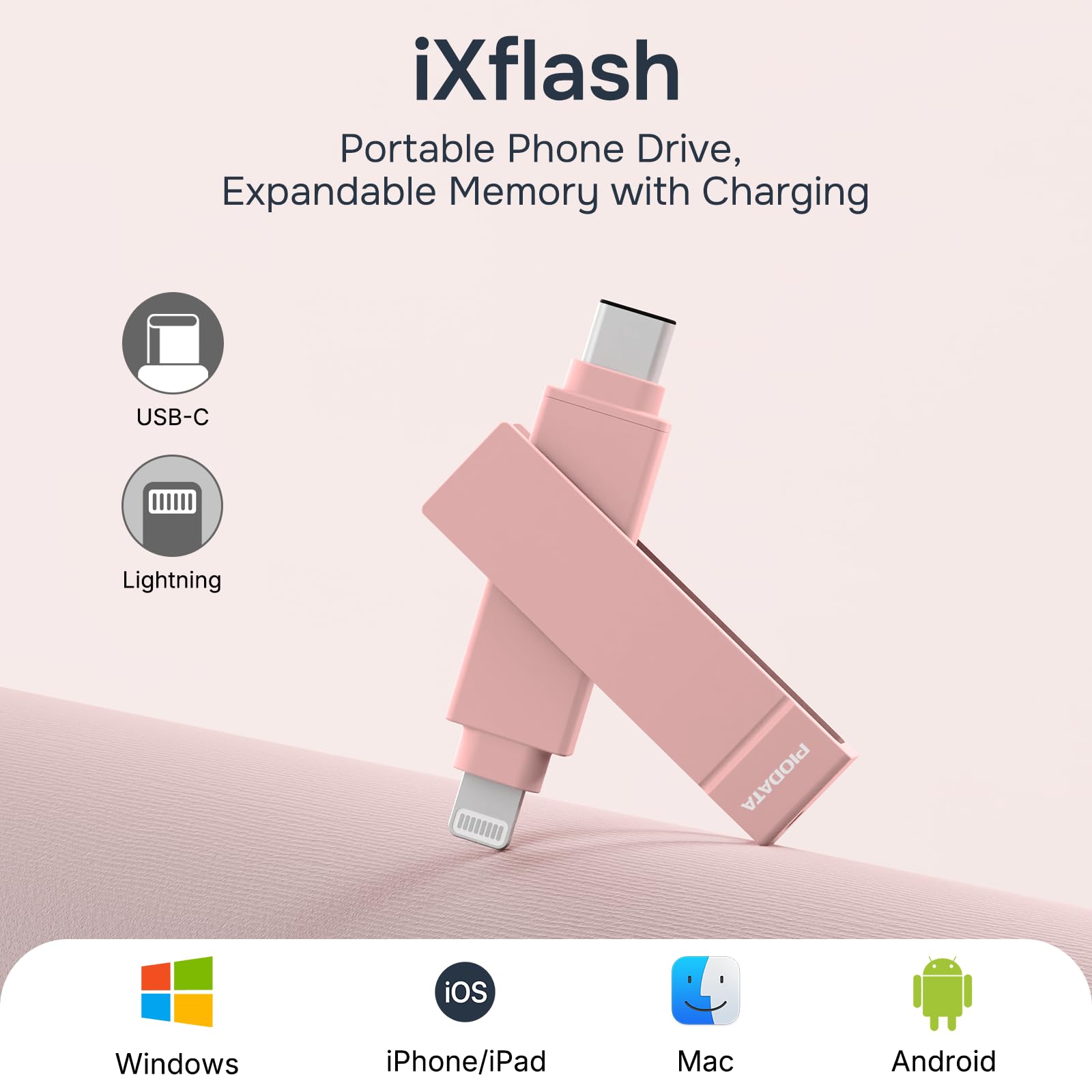 Morandi Pink iXFlash Flash Drive 2 in 1 USB tipo C e Lightning per iPhone iPad e computer certificato MFi Apple 512 GB - Dettaglio