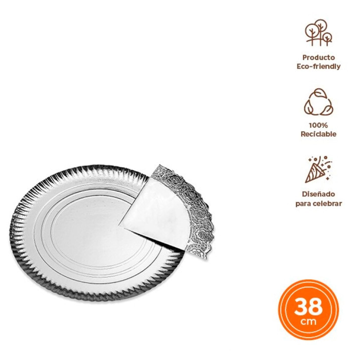 Acan Tradineur - Confezione da 24 vassoi rotondi in cartone con blonda, fontana riciclabile per torte con pizzo di carta, decorazione per feste, presentazione di dessert (argento - Ø 38 cm)