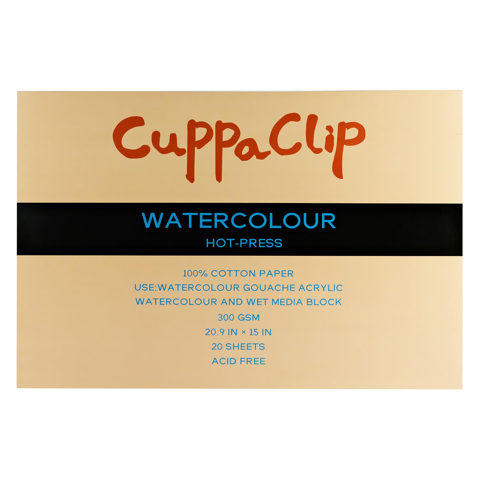 CuppaClip Watercolor Paper Block Pure Cotton Art Paper Pad 300GSM(140LB) Acid-Free 20 Sheets Watercolor Art Supplies (Hot Press, 20.9×15in)