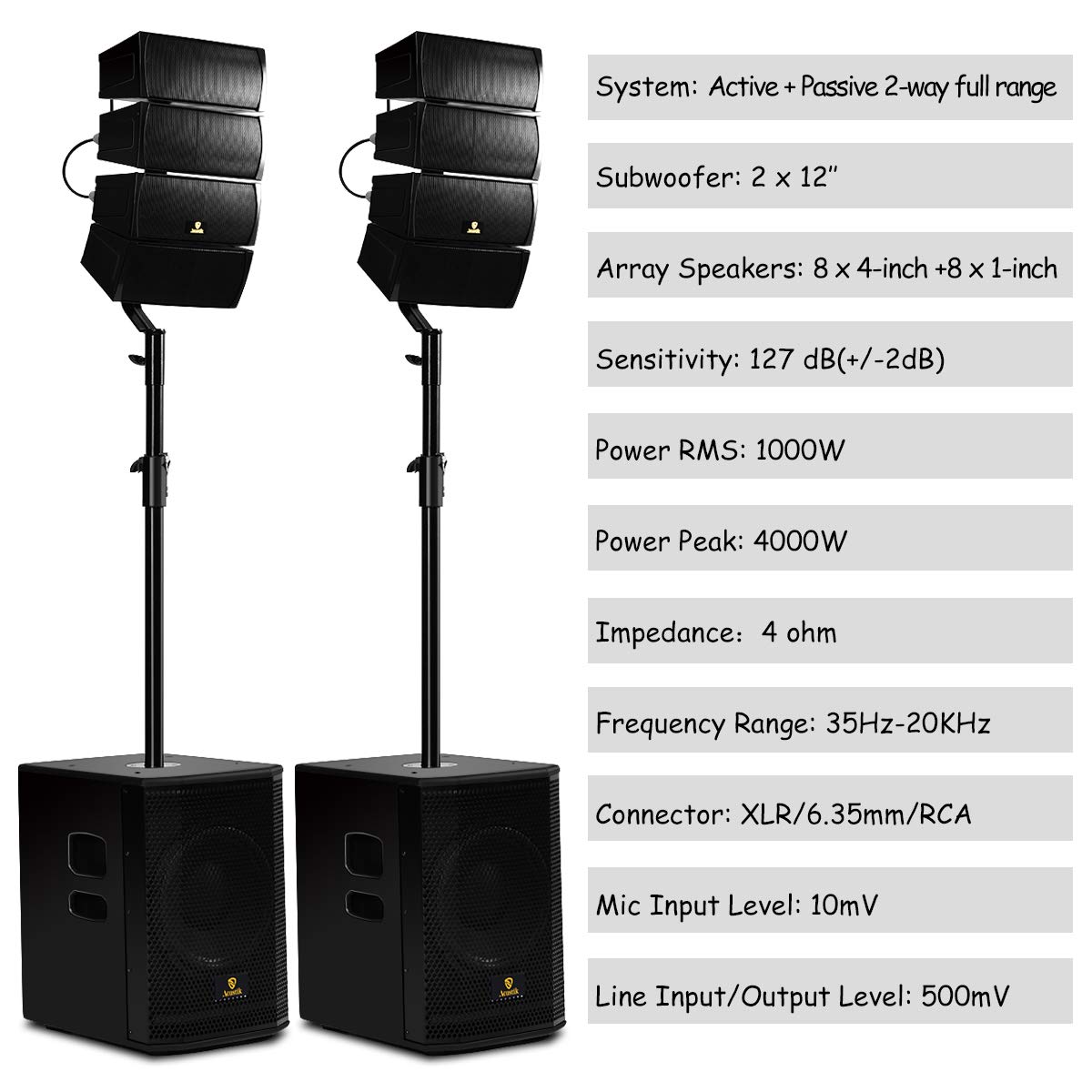 AKUSTIK 12 Inch 4000Watt Powered PA Speaker System Combo Set, DJ Array