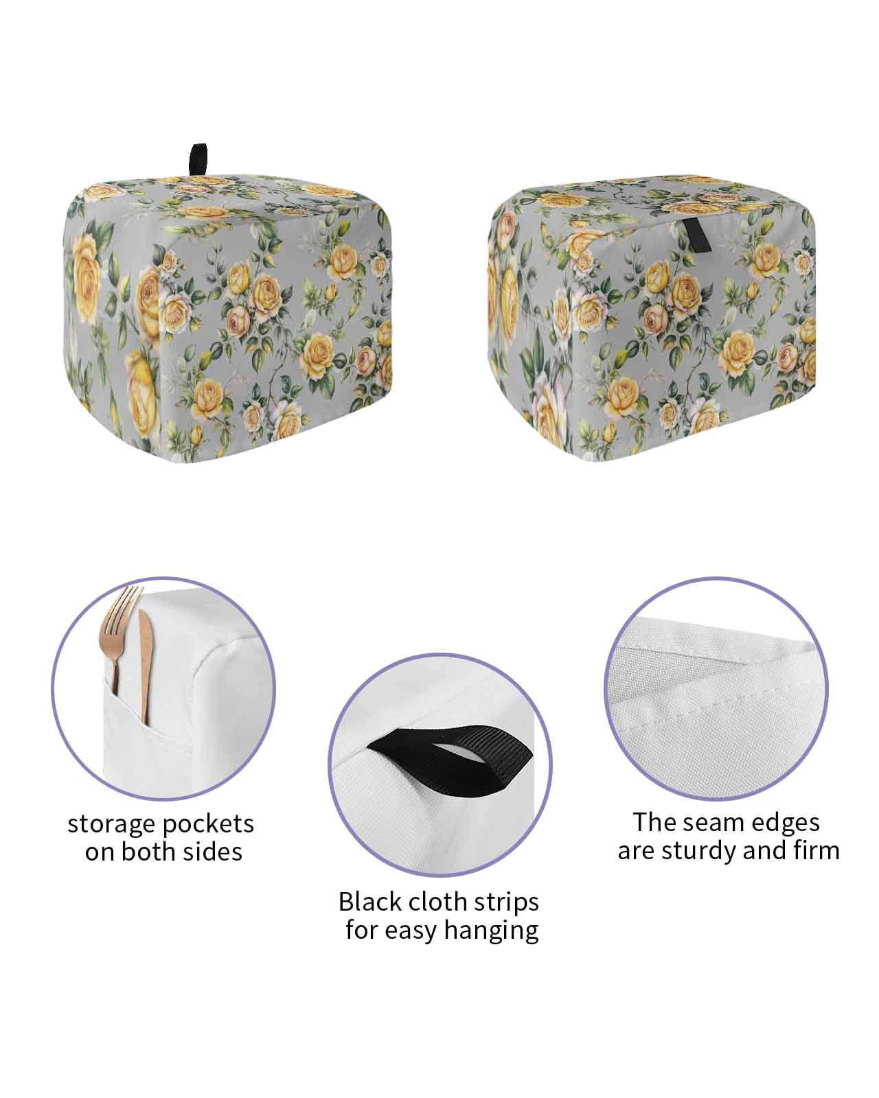 Vintage Toaster Cover 4 Slice, Pastoral Country Flower Yellow Bread Maker Dust Cover with Pockets for Kitchen Small Appliance 12x11x8in