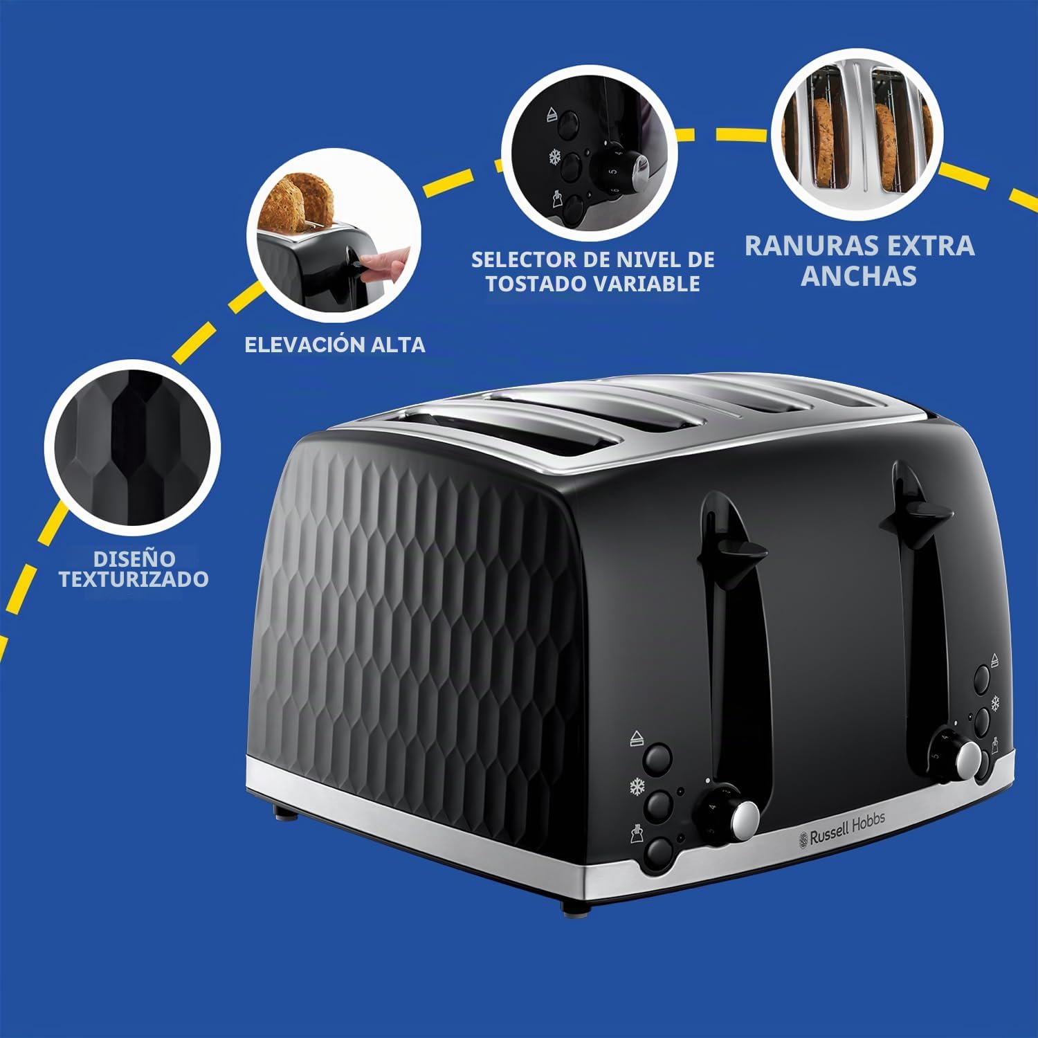 Russell Hobbs 26071 26071 - Tostadora de pan de abeja contemporánea con ranuras extra grandes y función de elevación alta, color negro