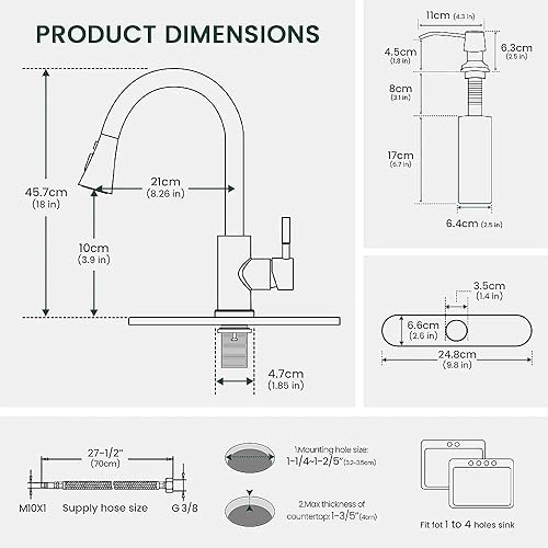 Vista 132 de APPASO Grifo de cocina cuadrado con filtro, grifos de fregadero de 3 vías negro mate con rociador extraíble, 2 modos, arco alto, moderno, 2 asas