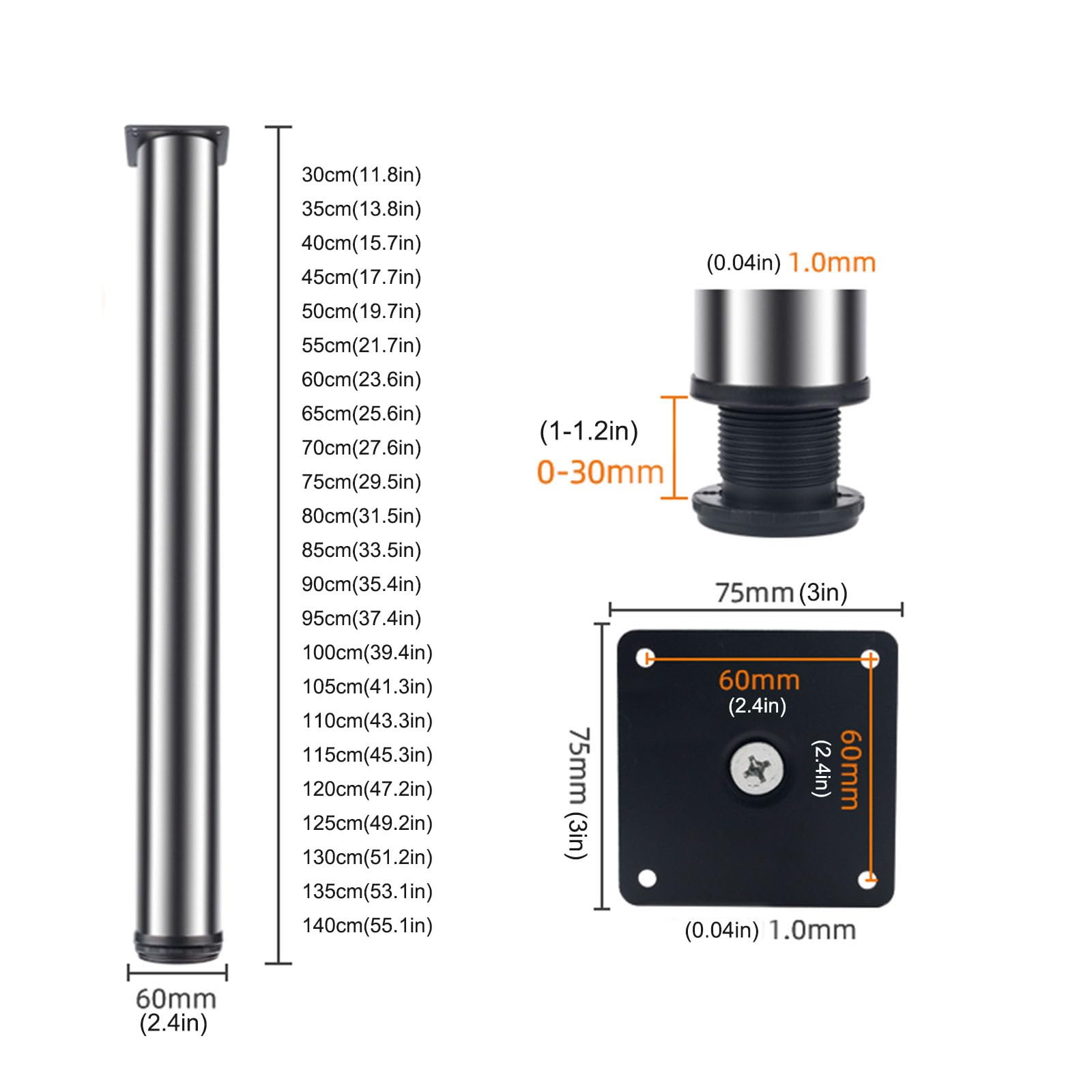 Gambe regolabili per tavolo in acciaio inox, piedini cilindrici in metallo per piani di lavoro, scrivanie, bar per la colazione e tavoli, altezza personalizzabile (max 140 cm) con viti