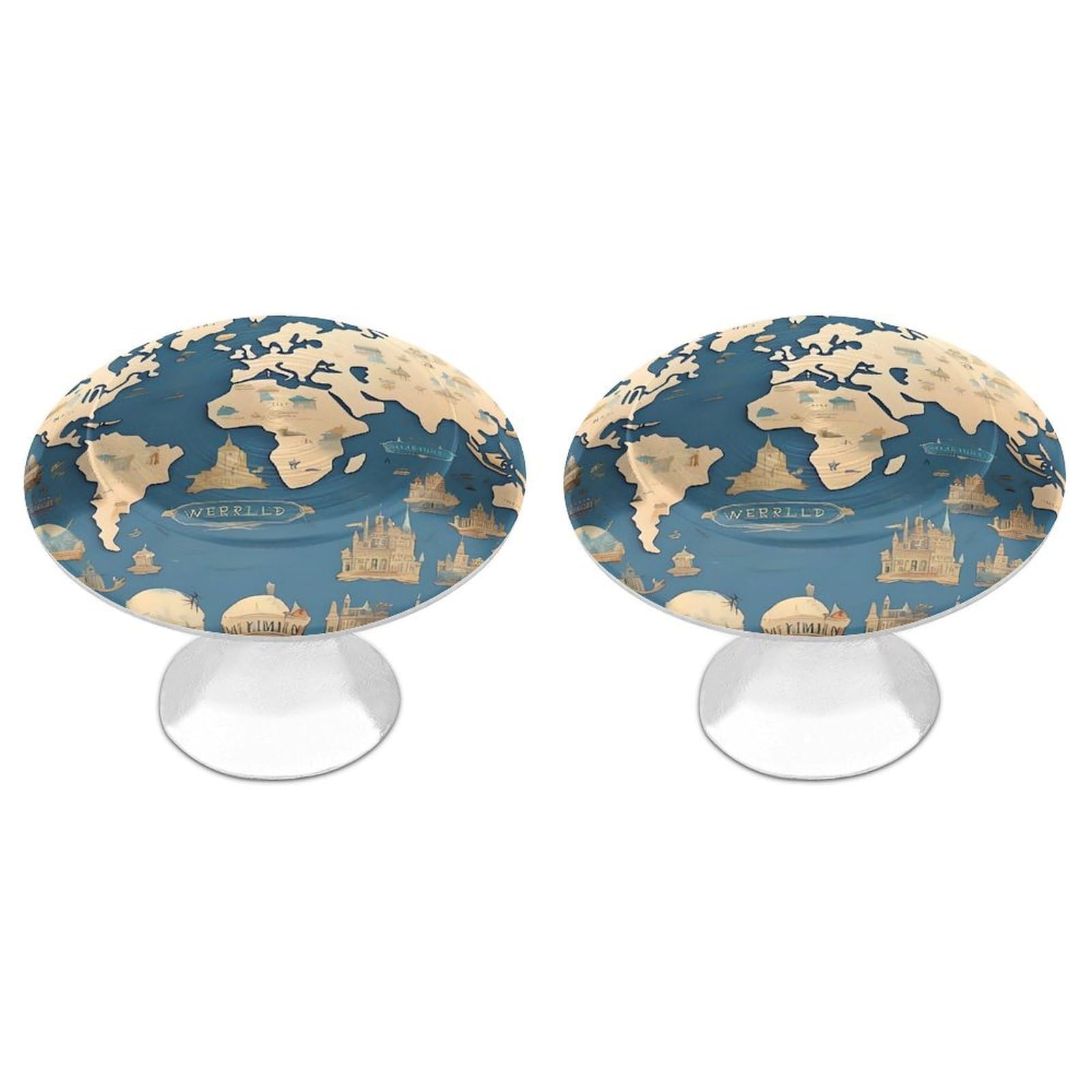 QMNLKH World Map Cabinet Knobs for Home, Round Drawer Pulls for Kitchen, Personalized Cupboard Handles with Screw, Fashion Dresser Knobs for Office, Drawer Handles, 2 Packs