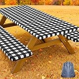 Smiry Picnic Table Cover with Bench Covers, Waterproof Elastic Fitted Tablecloths for 6 Foot Rectangle Tables, Washable Buffalo Plaid Tablecloth for Camping, Outdoor (Black & White, 30'x72')