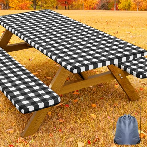 Smiry Picnic Table Cover with Bench Covers, Waterproof Elastic Fitted Tablecloths for 6 Foot Rectangle Tables, Washable Buffalo Plaid Tablecloth for Camping, Outdoor (Black & White, 30'x72')