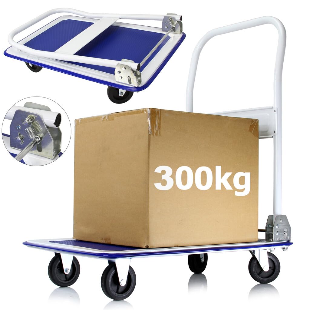 Carretilla con plataforma de transporte de hasta 300 kg, 91 × 61 × 100, asa plegable, 2 ruedas giratorias