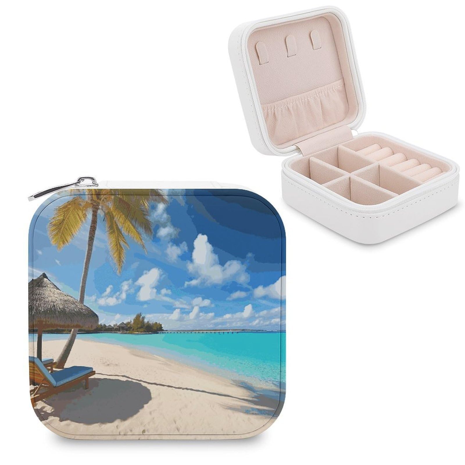 MUSM Tropical Beach Travel Jewelry Case Personalized PU Leather Jewelry Boxes for Women Small Portable Jewelry Organizer Box Cute Trinket Box for Necklaces Rings Earrings & Gifts