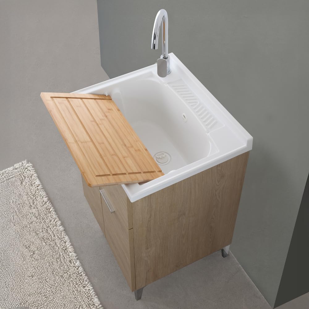 Mobile Lavatoio 60X50 Cm Con Vasca In Resina Bianca, Asse Lavapanni, Struttura In Legno Nobilitato Rovere Con Un’Anta Apribile Mediante Maniglia Cromata, Già Montato Con Kit Di Scarico Incluso