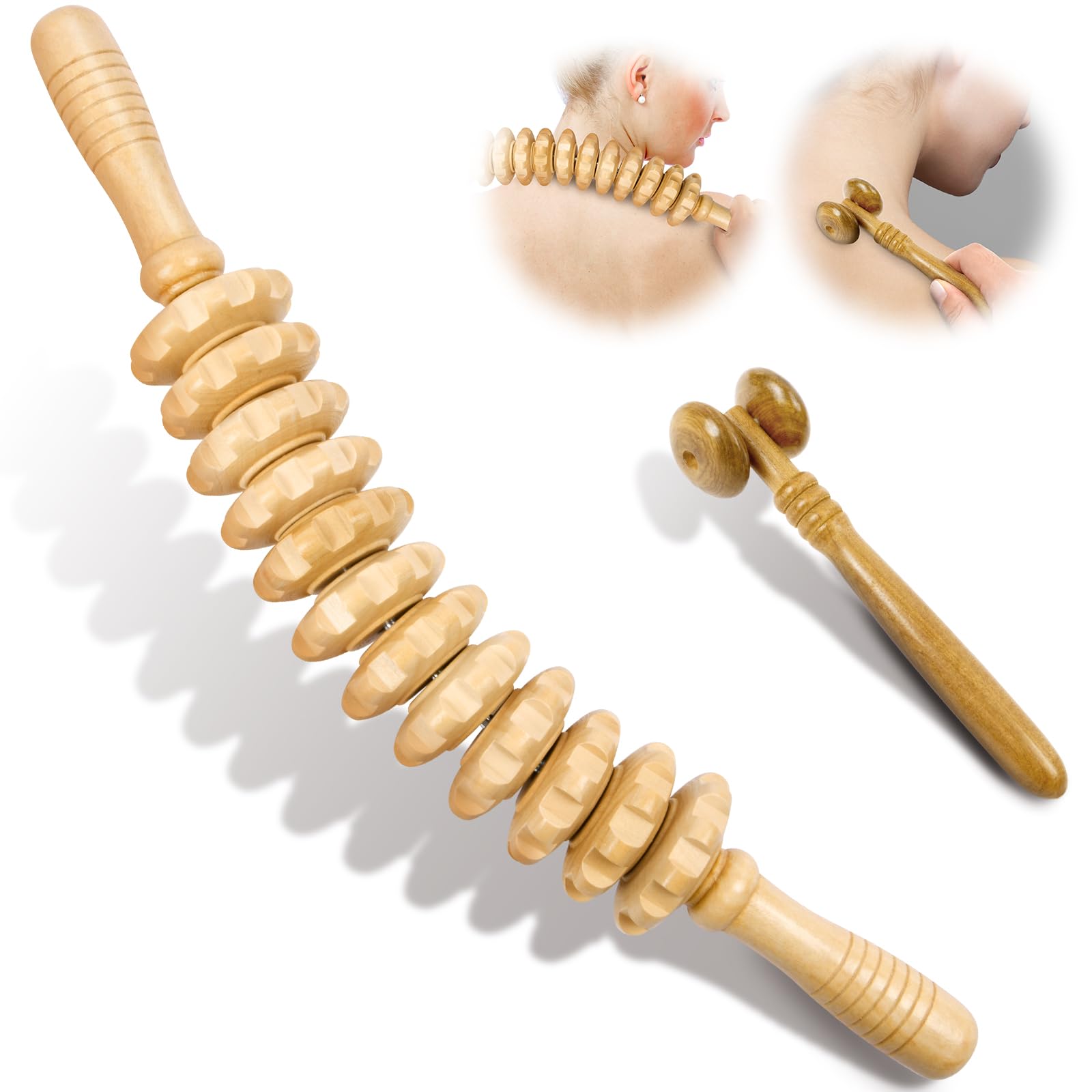 ACWOO 2 PCS Rodillo Masaje Muscular, Anti Celulitis Masajeador Rodillo, Masaje Maderoterapia Rodillo Madera, Rodillo Masajeador Curvado para Todo el Cuerpo, Masajeador Anticelulitico con 12 Rodillos