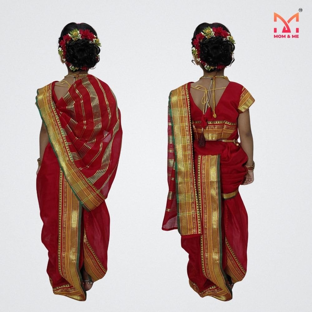 Mom and Me Girls' Ready-to-Wear Mastani Nauwari Saree with Stitched Blouse | Traditional Maharashtrian Ilkal Border | Soft Acrylic Cotton | Age 12 Months to 15 Years (Red, 5-6 Years) - Image 4 thumbnail