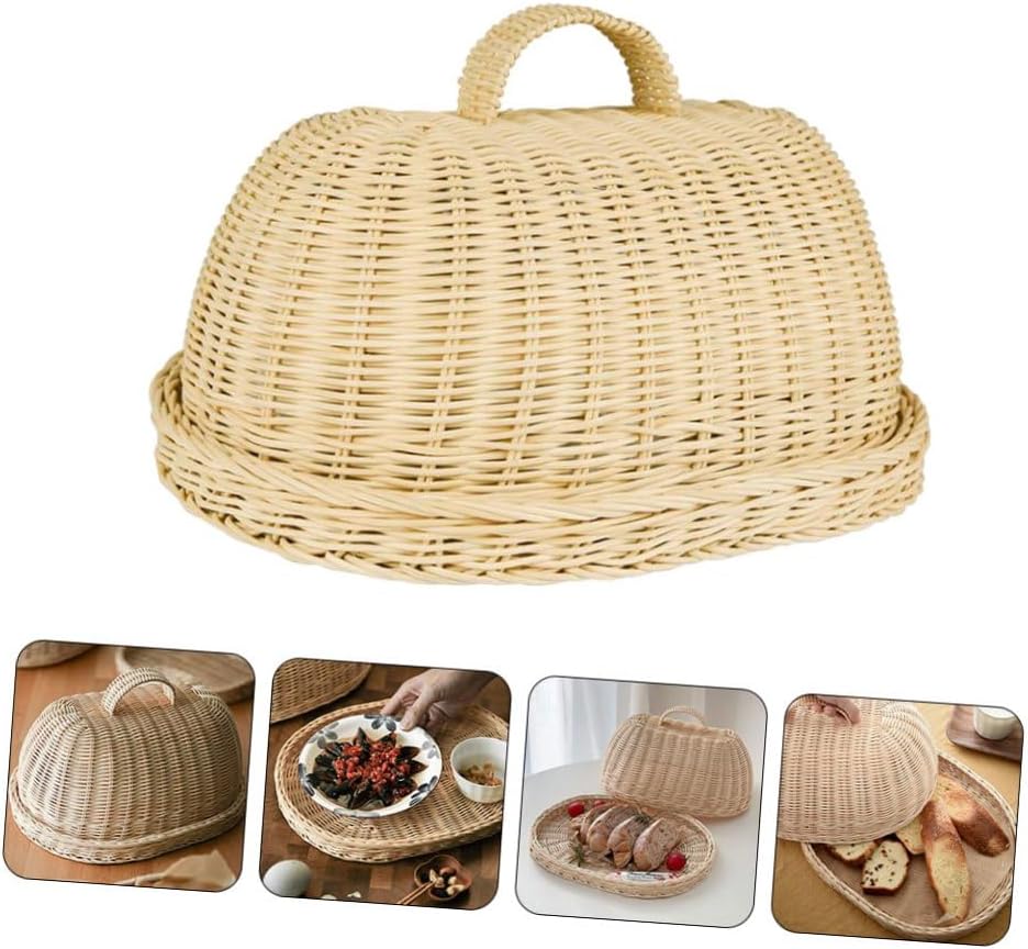 Rattan Food Cover Basket Set, Handwoven Kitchen Fruit and Bread Storage Dome, Natural White Rattan Protective Tray for Dining and Serving