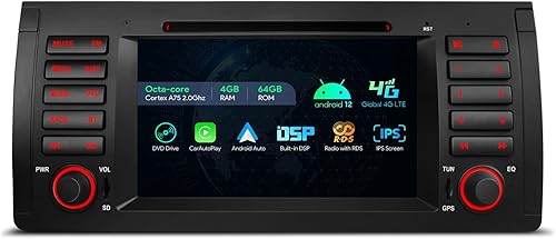 XTRONS Estéreo de coche de un solo DIN para BMW X5 E53, Android 12 Octa Core 4 GB + 64 GB Radio Reproductor de DVD, pantalla táctil IPS de 7