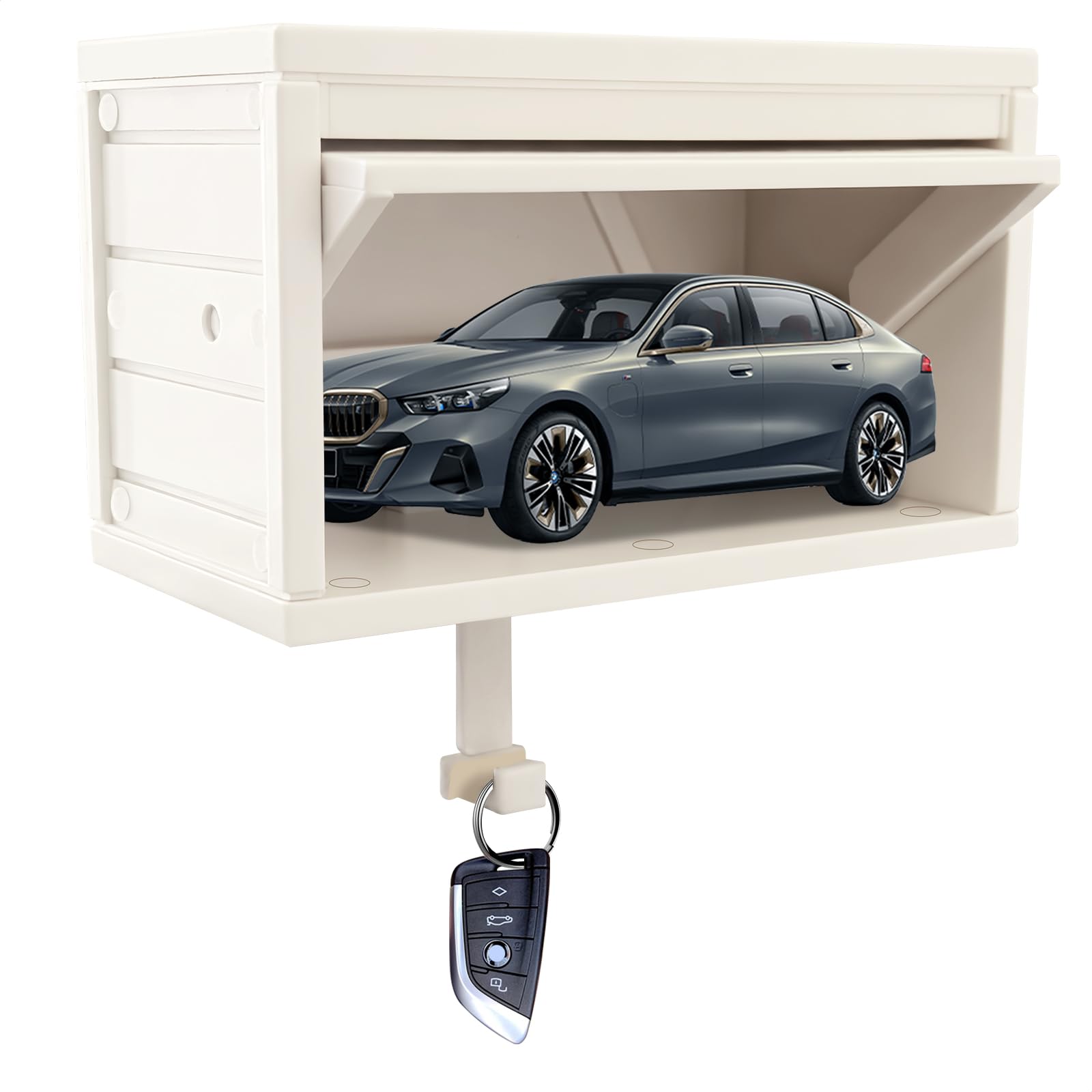Key Holder for Wall, Car Garage Key Holder with Opening Door, Lock Opener Organizer Wall Mount, Small Toy Car Garage with Opening Door, Easy Installation Keys Rack for Entryway - Off-White